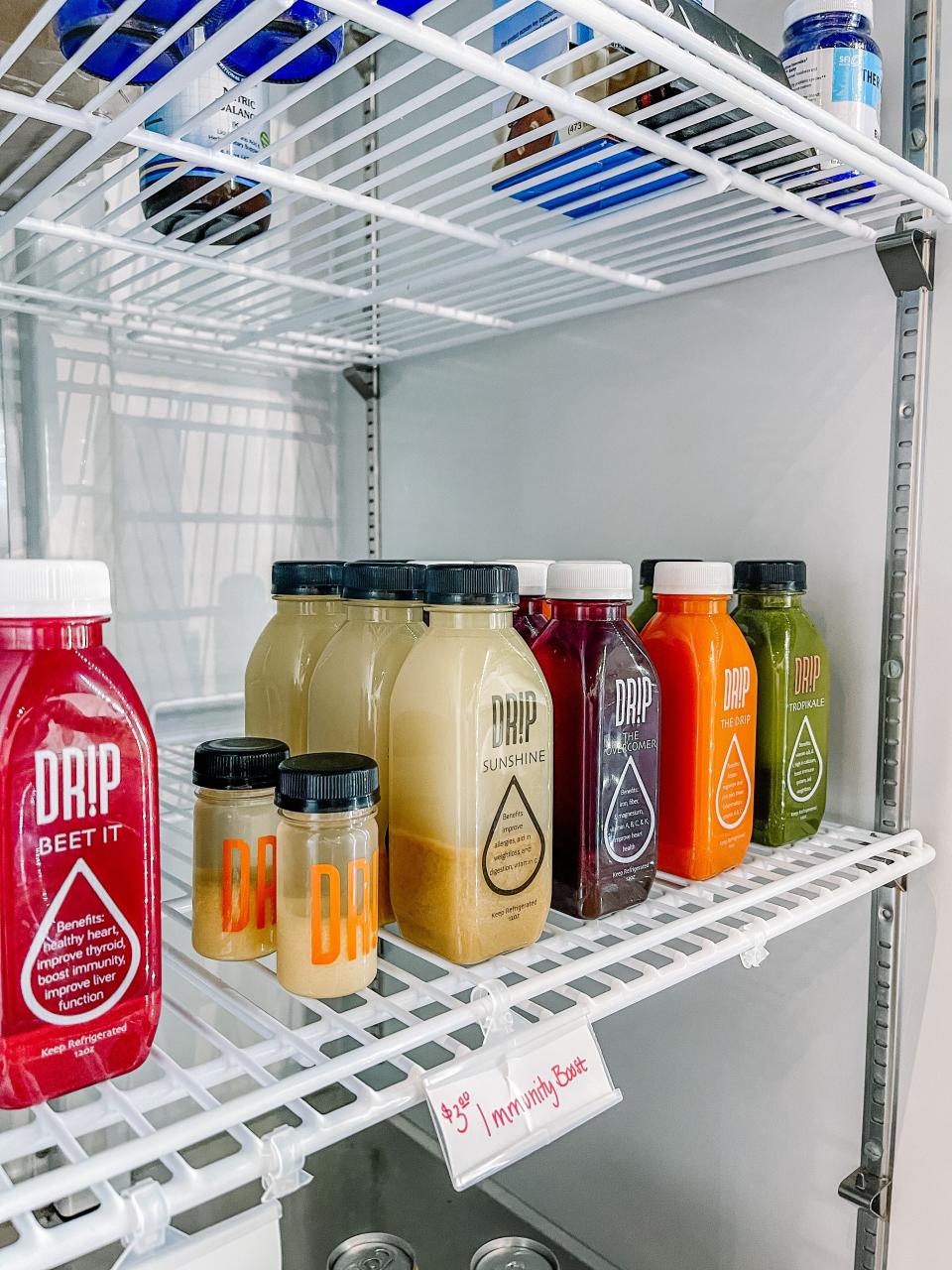 Drip Juice Bar sells eight-ounce bottles and two different three-ounce boost shots in South Knoxville, April 25, 2023.