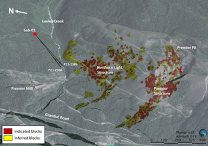 Location map of the new Sebakwe drill holes. The established gold mineralization in the Premier and Northern Light structures to the south are illustrated by blocks in the Indicated and Inferred category (Ascot PGP Resource, Bird 2020).