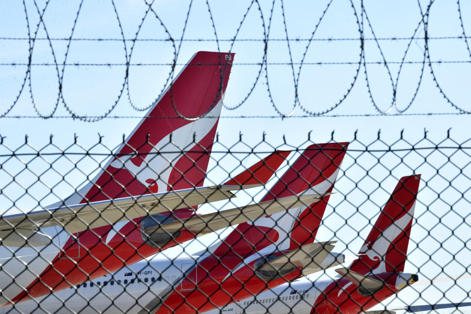 Picture of grounded Qantas planes at Brisbane Airport, following coronavirus restrictions preventing travel