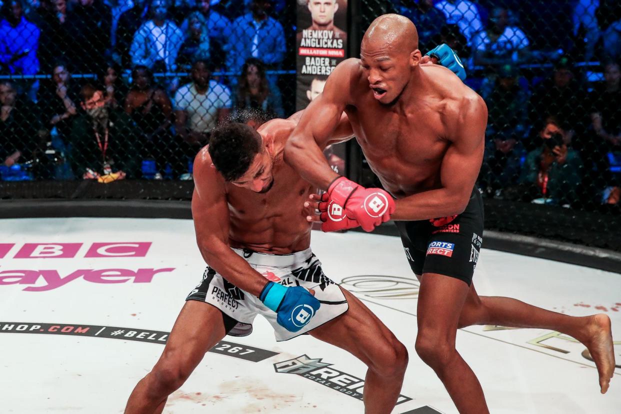 Michael Page (R) punches Douglas Lima during their welterweight matchup Saturday at SSE Arena, Wembley, in London. (Lucas Noonan / BELLATOR MMA)