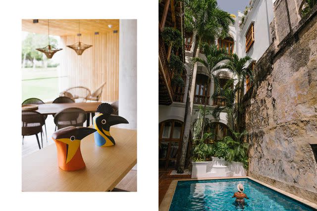<p>Sofia Jaramillo</p> From left: Décor in the Sofitel Barú Calablanca’s lobby nods to the nearby National Aviary of Colombia; a guest cools off in the pool at Casa San Agustín, in Cartagena.