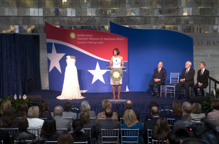 Former first lady Michelle Obama donates her inaugural gown to the Smithsonian Institution in March 2010. (Photo: Getty Images)