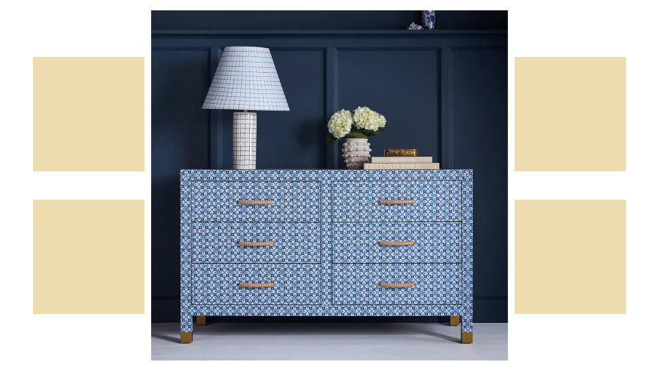 The responsibility of a statement piece is to stand out, and luckily, this patterned six-drawer dresser does just that.