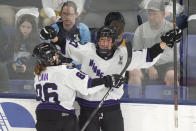 Minnesota forward Taylor Heise, right, celebrates with forward Michela Cava, left, after scoring during Game 1 of a PWHL hockey championship series against Boston, Sunday, May 19, 2024, in Lowell, Mass. (AP Photo/Steven Senne)