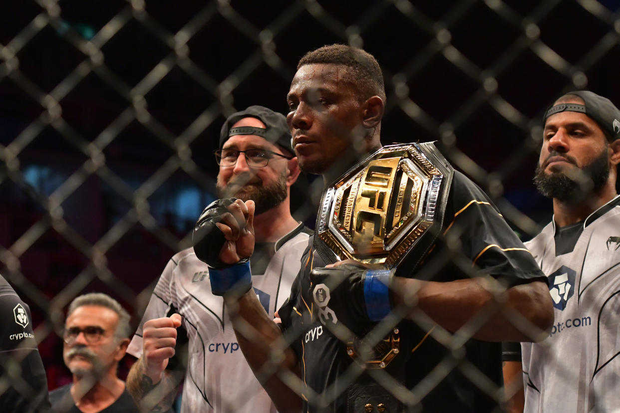 RIO DE JANEIRO, RJ - JANUARY 21: Jamahal Hill celebrates his victory over Glover Teixeira in their Light Heavyweight Championship fight during the UFC 283 event at Jeunesse Arena on January 21, 2023 in Rio de Janeiro, RJ, Brazil. (Photo by Leandro Bernardes/PxImages/Icon Sportswire via Getty Images)