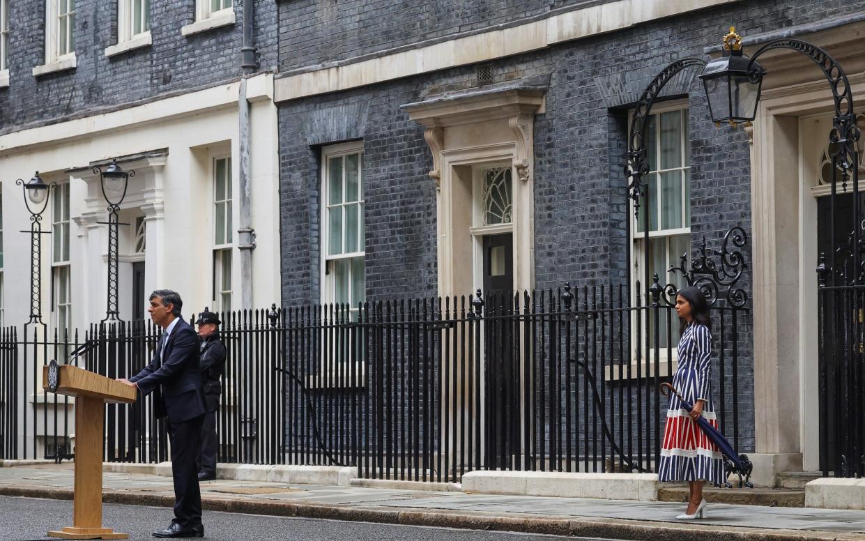 Outgoing British Prime Minister Rishi Sunak delivers his speech at Number 10 Downing Street