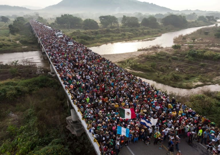 An aerial view of Honduran migrants in southern Mexico heading in a caravan to the US border -- the situation presented a major foreign policy challenge for US President Donald Trump