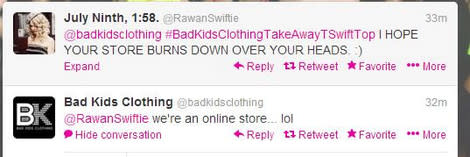 A tweet sent to the clothing company from a Taylor Swift fan. 