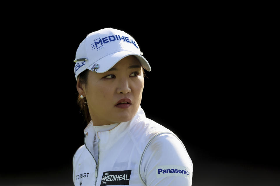 South Korea's So Yeon Ryu reacts during the Australian Open golf championship at Kingston Heath golf course in Melbourne, Australia, Friday, Dec. 2, 2022. (AP Photo/Asanka Brendon Ratnayake)