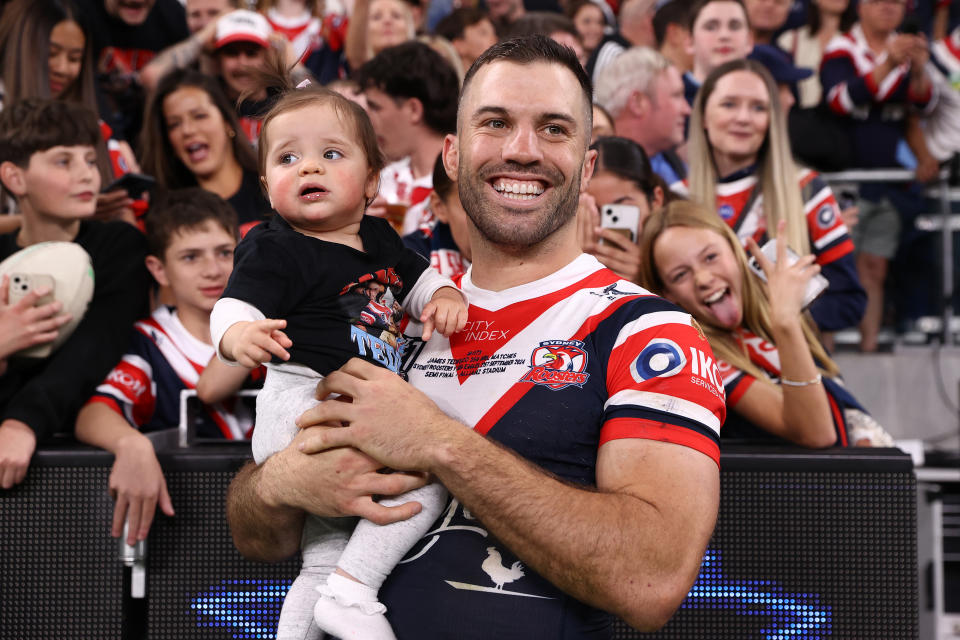 James Tedesco celebrates a win.