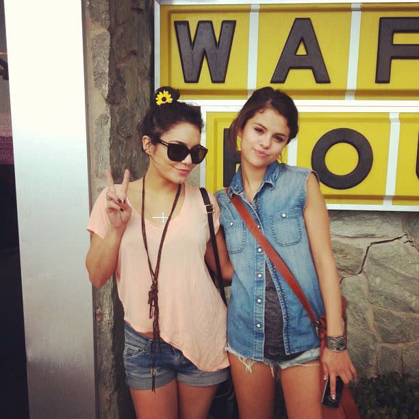 <p>While making 2013’s <em>Spring Breakers</em>, actresses Vanessa Hudgens and Bieber’s ex Selena Gomez bonded — presumably over their Disney pasts and the pressures of life in the spotlight — along with their shared love of Waffle House. They popped up at a location near the movie’s St. Petersburg, Fla., set. (Photo: Twitter) </p>