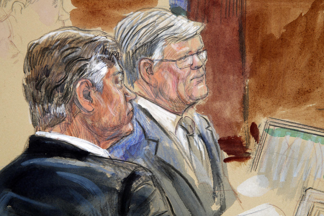 This courtroom sketch depicts former Donald Trump campaign chairman Paul Manafort, left, earlier this week at the federal court in Alexandria, Va. (Photo: Dana Verkouteren via AP)