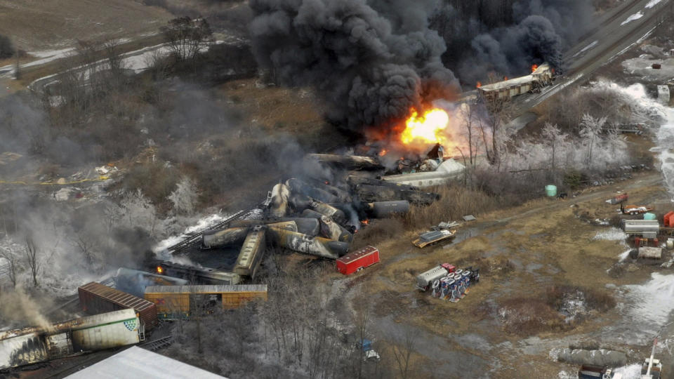 The wreckage of a Norfolk Southern train derailment in East Palestine, Ohio (Gene J. Puskar / AP file)