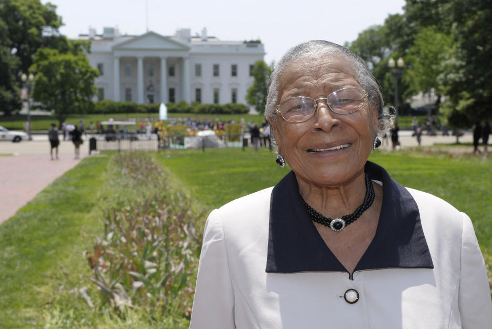 In this May 12, 2011 photo, Recy Taylor stands in Lafayette Park after touring the White House. Taylor, a black Alabama woman whose rape by six white men in 1944 drew national attention, died Dec. 28, 2017, according to her brother Robert Corbitt. She was 97. (Photo: AP/Susan Walsh, File)