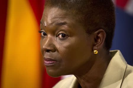 Outgoing United Nations' humanitarian chief Valerie Amos speaks to the media during her final news conference at United Nations Headquarters in the Manhattan borough New York May 28, 2015. Amos on Thursday painted a harrowing portrait of savagery in Syria's civil war, now in its fifth year, and urged the Security Council to take collective action to put an end to the carnage. REUTERS/Carlo Allegri