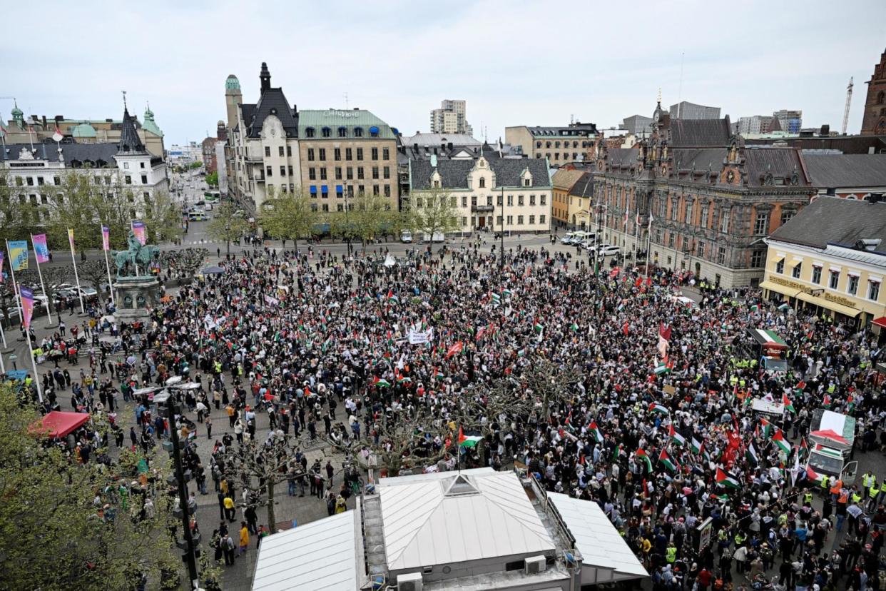 PHOTO: Protesters gather during the Stop Israel demonstration against Israel's participation in the 68th edition of the Eurovision Song Contest in Malmo, Sweden, May 9, 2024. (TT News Agency/Johan Nilsson via Reuters)