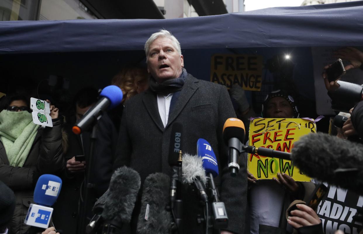 Wikileaks spokesman Kristinn Hrafnsson speaks to the media after a ruling that said Julian Assange cannot be extradited to the United States, outside the Old Bailey in London on Monday, Jan. 4, 2021.