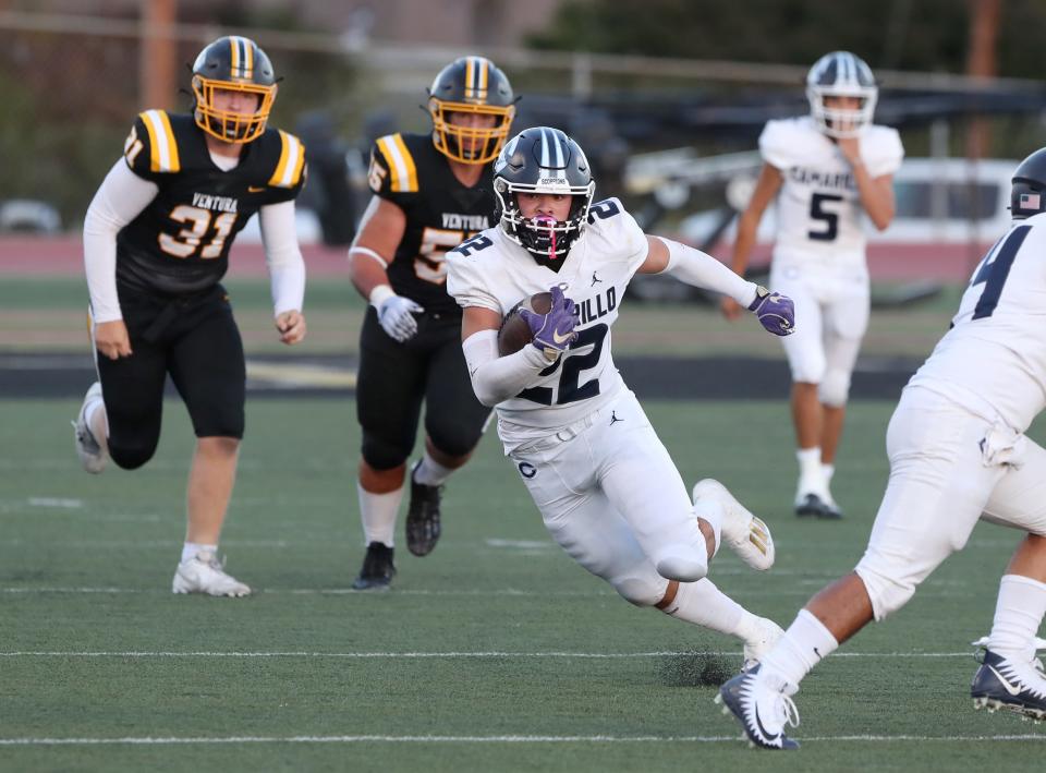 Camarillo's Jacob Mantei finds rooms to run against Ventura's defense during a game on Aug. 18.