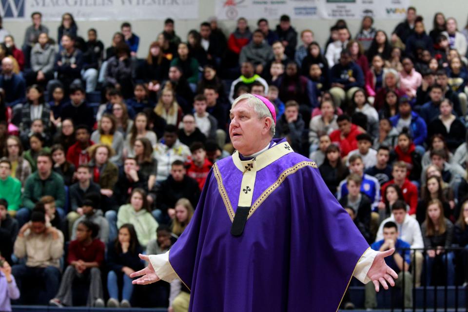 Milwaukee Archbishop Jerome Listecki speaks at Pius XI Catholic High School in 2019.