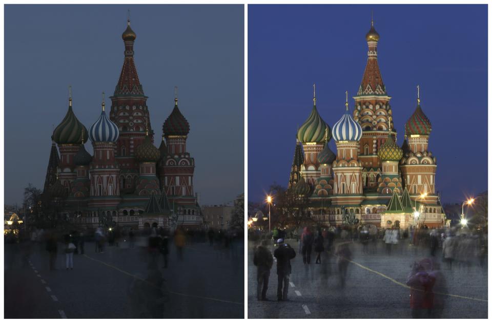 Combination picture shows St. Basil's Cathedral before and during Earth Hour in Moscow