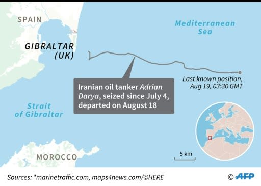 Map locating the last known position of Iranian oil tanker Adrian Darya, formerly Grace 1, which was seized off Gibraltar on July 4 and left on August 18