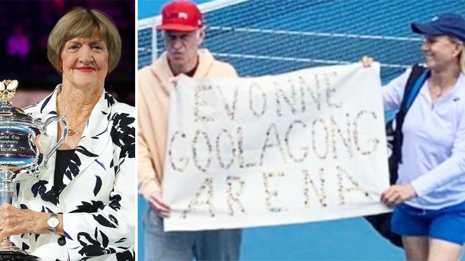 Margaret Court (pictured left) smiling holding a trophy and John McEnroe and Martina Navratilova (pictured right) holding up a banner in protest at the Australian Open.