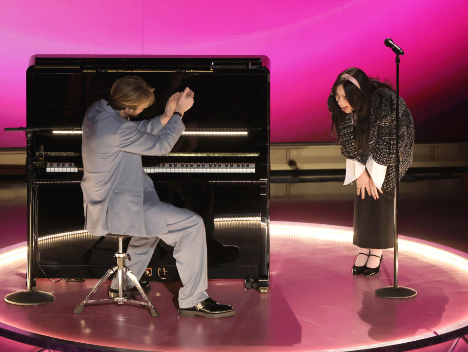 HOLLYWOOD, CALIFORNIA - MARCH 10: (L-R) Finneas O'Connell and Billie Eilish perform onstage during the 96th Annual Academy Awards at Dolby Theatre on March 10, 2024 in Hollywood, California. (Photo by Kevin Winter/Getty Images)