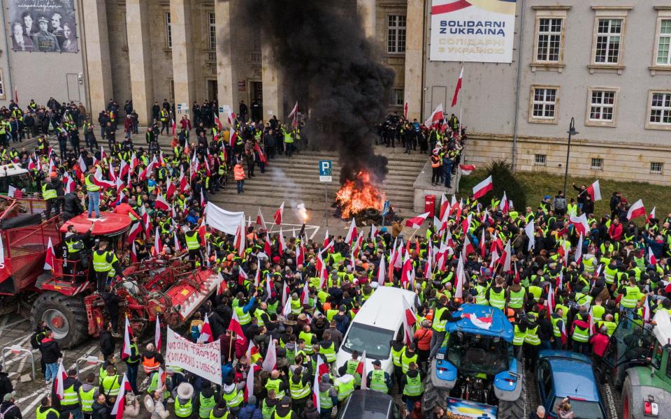 Hundred of Polish farmers take part in a protest against the EU Green Deal and the import of Ukrainian grain in Wroclaw, Poland