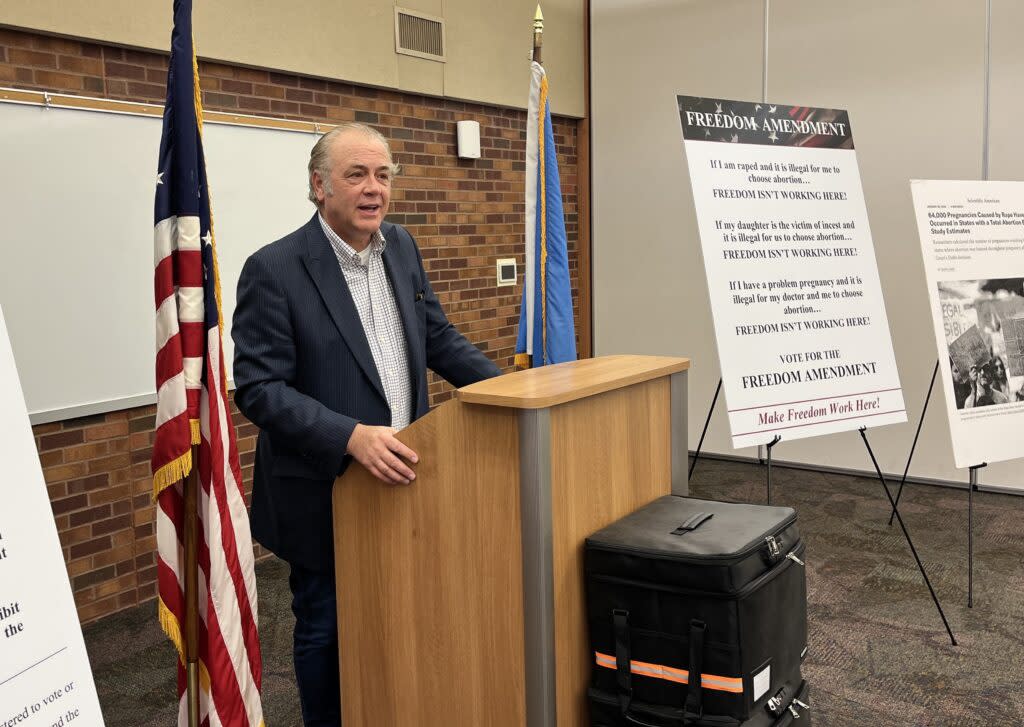 Rick Weiland of Dakotans for Health announces on May 1, 2024, in Sioux Falls that the group is turning in petition signatures to put abortion rights on the ballot. (Joshua Haiar/South Dakota Searchlight)