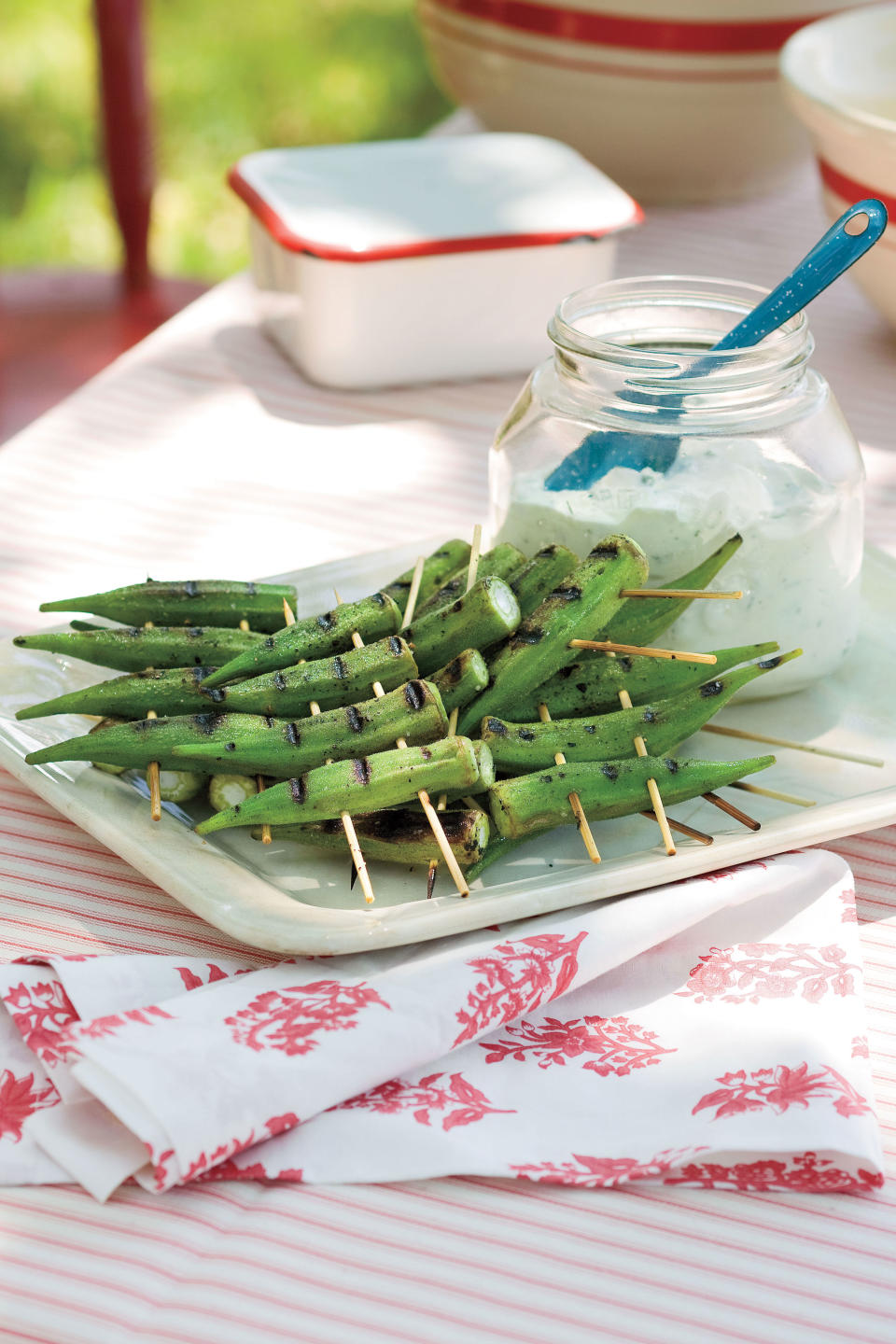 Peppery Grilled Okra with Lemon-Basil Dipping Sauce