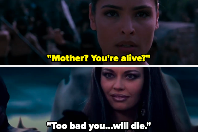 A woman asking "Mother? You're alive?" and another woman responding "Too bad you...will die."