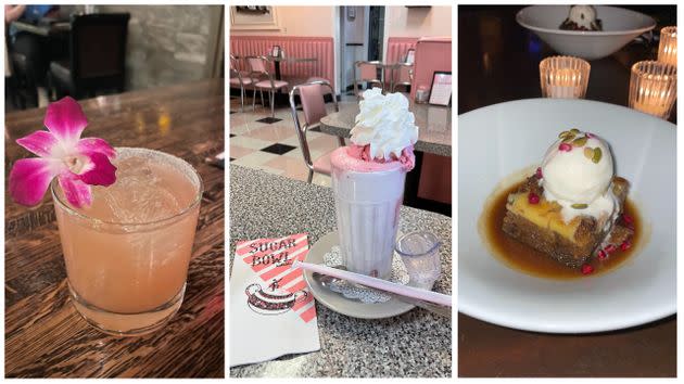 From left to right: A cocktail at Second Story Liquor Bar, strawberry treat at Sugar Bowl and pumpkin bread pudding at The Mission. (Photo: Caroline Bologna/HuffPost)