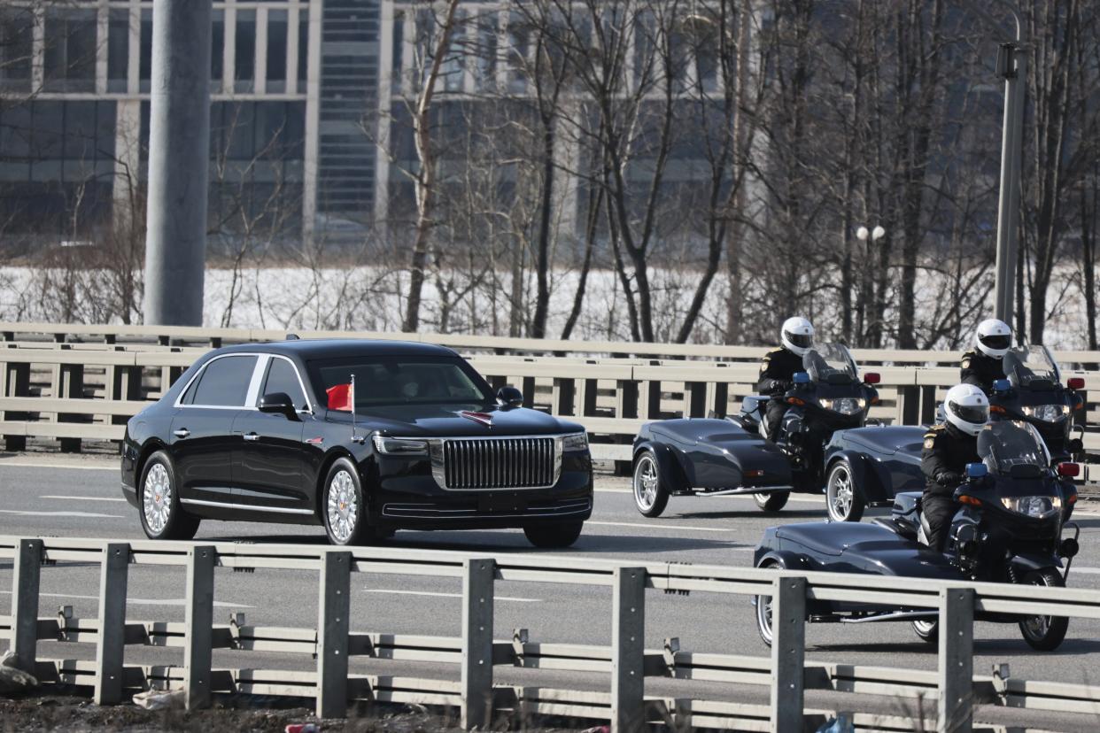 Chinese President Xi Jinping's motorcade drives from the Vnukovo-2 government airport outside Moscow, Russia, Monday, March 20, 2023. (AP Photo)