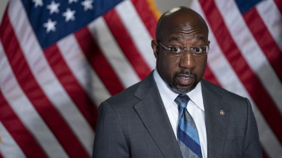 Sen. Raphael Warnock speaks at an April 2021 Washington news conference after Democratic lawmakers’ weekly policy luncheon. This week, he was among a bipartisan group that read parts of Dr. Martin Luther King’s “Letter from Birmingham Jail” in the Senate. (Photo: Sarah Silbiger/Getty Images)