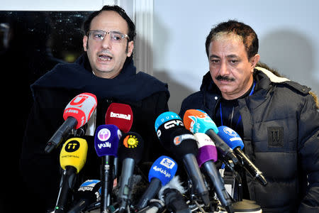 Abdul Malik al-Hajry and Abdul Majid Hanash of the Houthi rebel delegation, speak at a news briefing during the ongoing peace talks on Yemen held at Johannesberg Castle in Rimbo near Stockholm, Sweden December 8, 2018. TT News Agency/Henrik Montgomery/via REUTERS