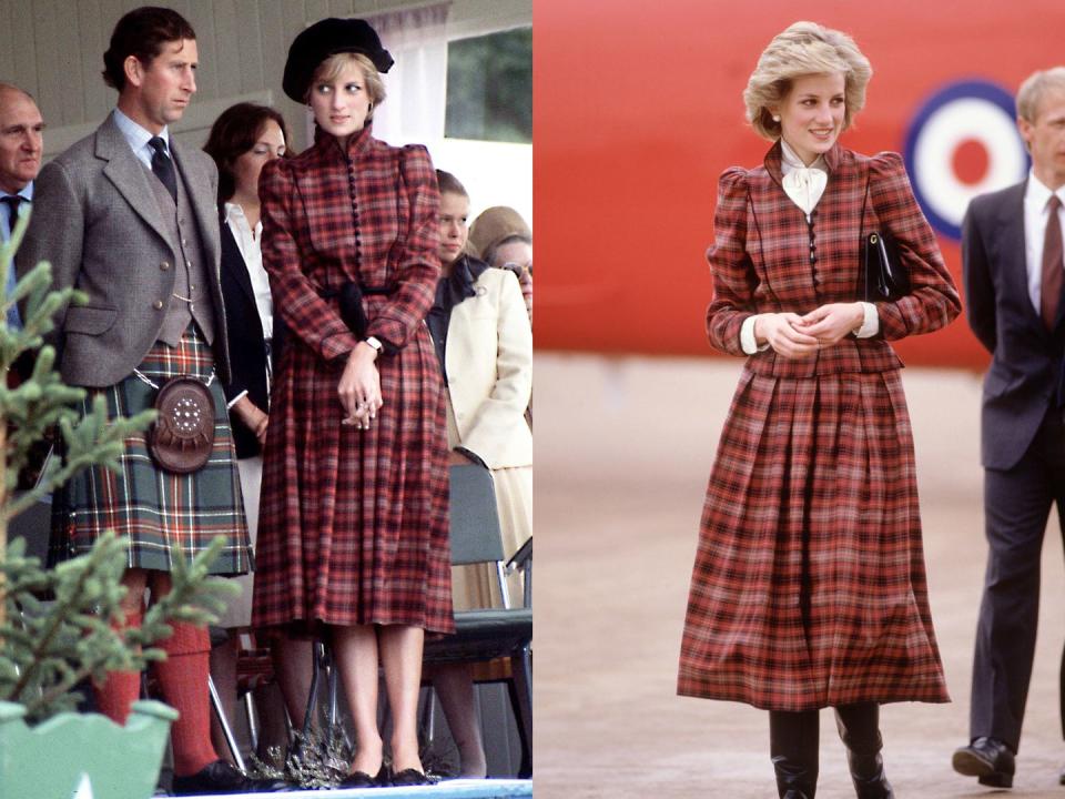 <p>Members of the royal family are <a rel="nofollow noopener" href="https://www.townandcountrymag.com/style/fashion-trends/g2792/royal-family-in-plaid-outfits/" target="_blank" data-ylk="slk:quite fond of their plaid;elm:context_link;itc:0;sec:content-canvas" class="link ">quite fond of their plaid</a>, and Diana was no exception. The late princess favoured this tartan suit by Caroline Charles. She wore it to the Braemar Highland Games in Scotland in 1981 and then changed up the neckline before she wore it again in 1985.</p>