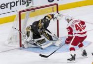 Oct 13, 2017; Las Vegas, NV, USA; Vegas Golden Knights goalie Marc-Andre Fleury (29) makes a save on Detroit Red Wings center Henrik Zetterberg (40) during the third period at T-Mobile Arena. Detroit won 6-3. Mandatory Credit: Joshua Dahl-USA TODAY Sports