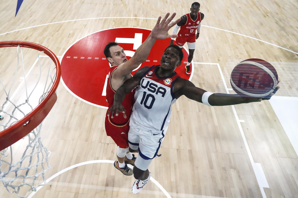 Team USA's Anthony Edwards drives to the basket against Germany's Johannes Voigtmann during the FIBA Basketball World Cup semifinal game at Mall of Asia Arena in Manila, Philippines, on Sept. 8, 2023. (Photo by Yong Teck Lim/Getty Images)