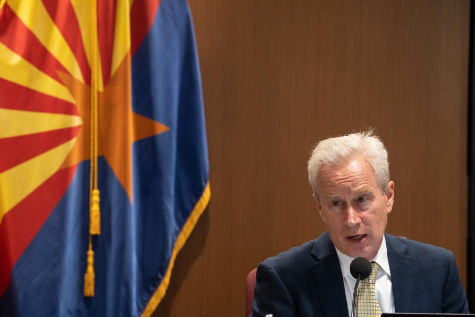 Dr. Peter McCullough speaks during the Novel Coronavirus Southwestern Intergovernmental Committee event on May 25, 2023, in Senate Hearing Room 1 at the Arizona state Capitol on Phoenix.