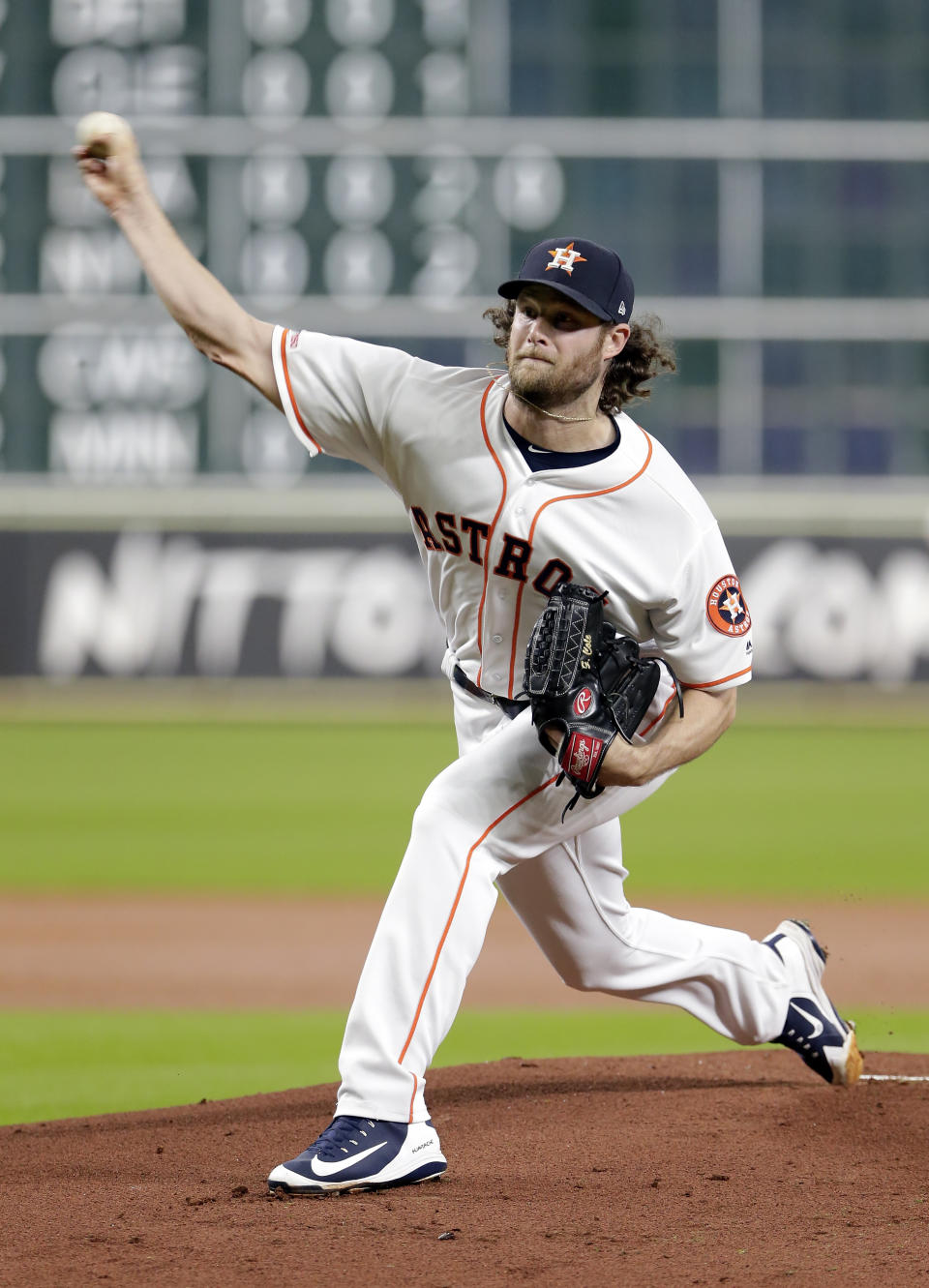 Houston Astros starting pitcher Gerrit Cole throws against the Texas Rangers during the first inning of a baseball game Wednesday, Sept. 18, 2019, in Houston. (AP Photo/Michael Wyke)