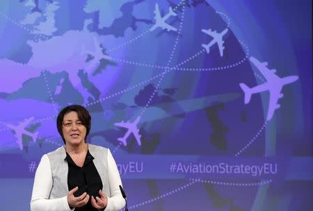 European Transport Commissioner Violeta Bulc addresses a news conference on European Aviation Strategy at the European Commission headquarters in Brussels, Belgium, December 7, 2015. REUTERS/Francois Lenoir