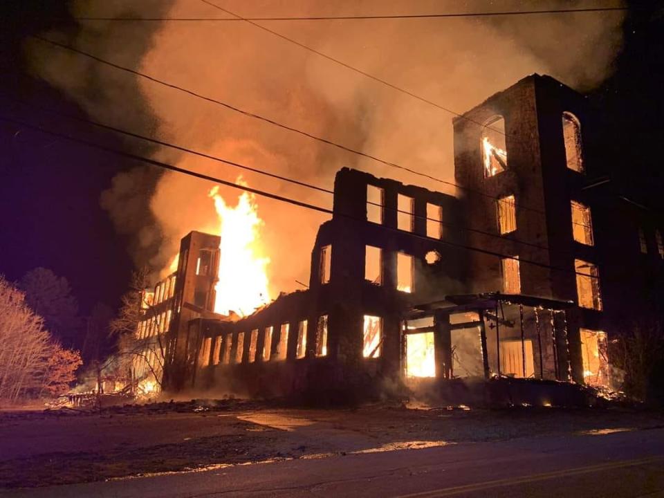 Ballouville Mill on fire Nov. 16, 2023.