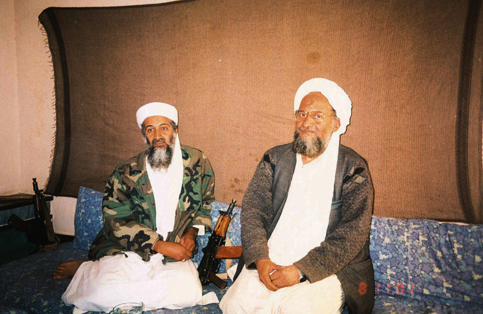 CAPTION CORRECTION - CORRECTING IDENTIFICATION IN HEADLINE

Osama bin Laden (L) sits with his adviser Ayman al-Zawahiri, an
Egyptian linked to the al Qaeda network, during an interview with
Pakistani journalist Hamid Mir (not pictured) in an image supplied by
the respected Dawn newspaper November 10, 2001. In the article, which
was published on Saturday in Karachi, bin Laden said he had nuclear and
chemical weapons and might use them in response to U.S. attacks. Mir
told Reuters he held the two-hour interview with bin Laden in Arabic
early Thursday at a secret location after a bone-jarring five-hour jeep
ride from Kabul. REUTERS/Hamid Mir/Editor/Ausaf Newspaper for Daily
Dawn