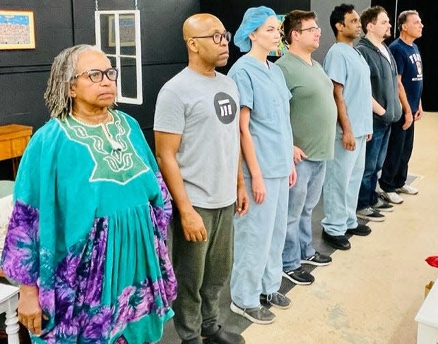 The cast of "The Line" includes, from left, Brenadette Harper, Steven H. Butler, Kate Clement, Zachary Simon, Saie Kurakula, Esteban Alvarez III and Dennis Clement.