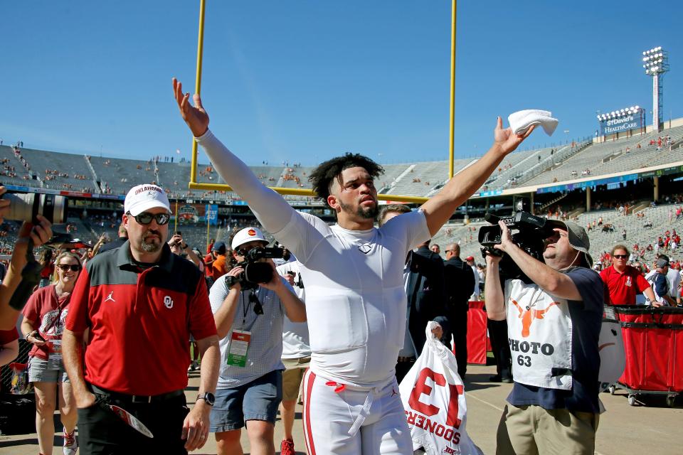 Oklahoma's Caleb Williams celebrates after defeating Texas in the Red River Showdown.