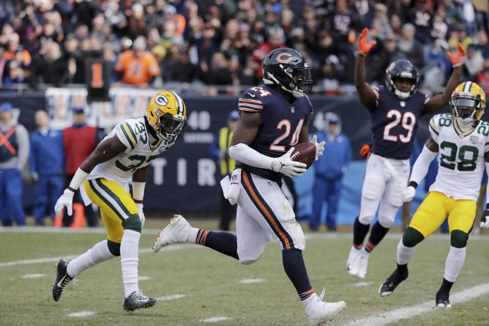 Chicago Bears running back Jordan Howard (24) runs to the end zone for a touchdown during the first half of an NFL football game against the Green Bay Packers on Sunday, Dec. 16, 2018, in Chicago. (AP Photo/Nam Y. Huh)