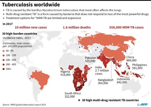 Graphic depicting the global burden of tuberculosis including 558,000 multi-drug resitant cases in 2017