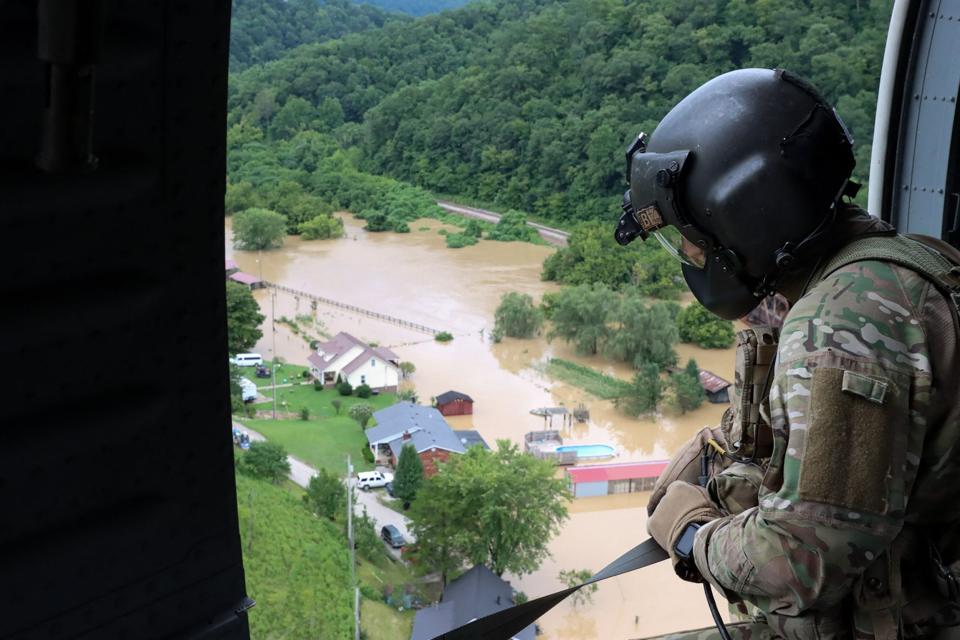 This handout photo provided by the Kentucky National Guard a Kentucky National Guard flight crew from 2/147th Bravo Company aided in flood relief efforts in response to a declared state of emergency in eastern Kentucky on July 29, 2022.