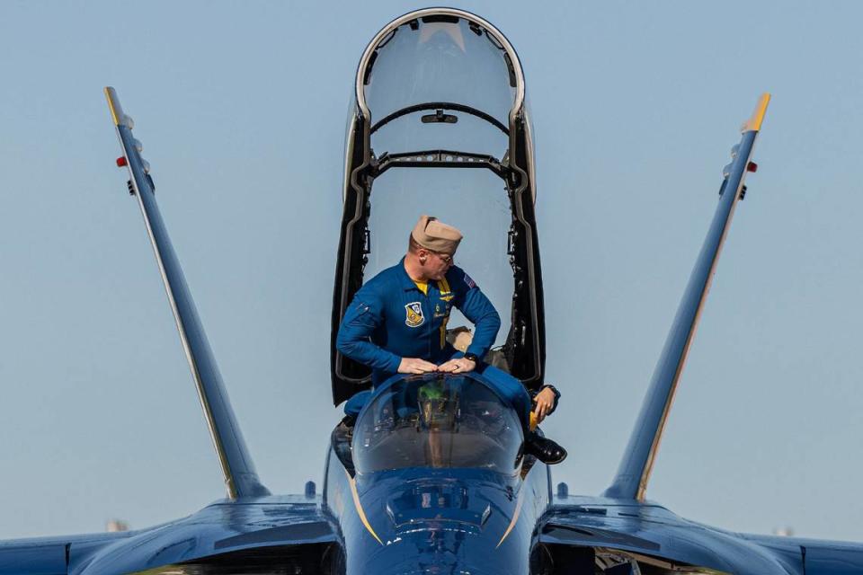 Cdr. Thomas Zimmerman begins to exit his aircraft after landing at the ‘Wings over Cowtown’ Blue Angels airshow media day at the Naval Air Station Joint Reserve Base in Fort Worth on Thursday, April 11, 2024. Chris Torres/ctorres@star-telegram.com