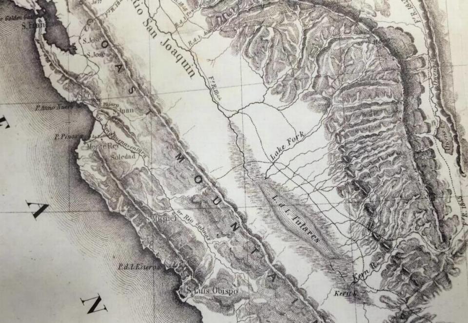 This detail is from an 1848 map based on the explorations of John C. Frémont and drawn by Charles Preuss showing Tulare Lake in the southern San Joaquin Valley.